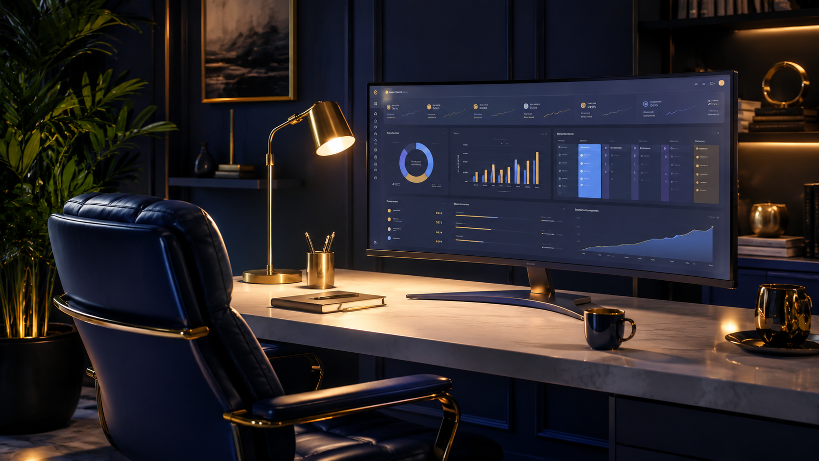 Agency command center · curved monitor dashboard with premium workspace