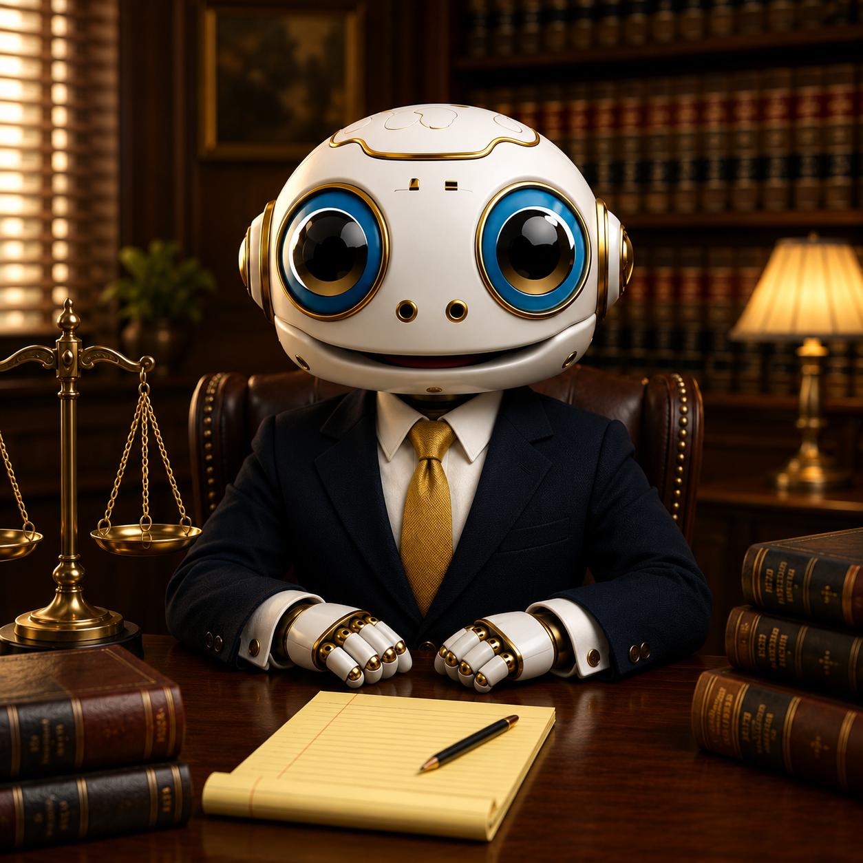 LPS Robot Abogado — sentado en despacho con balanza de la justicia y libros legales