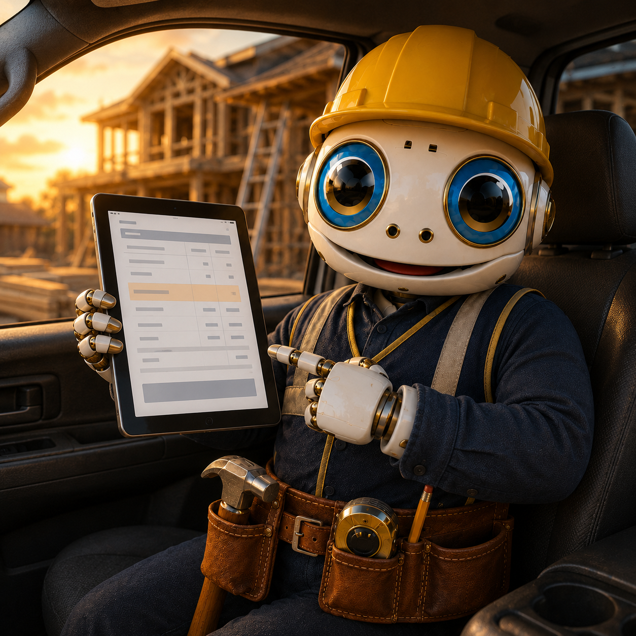 Contratista revisando estimado en tablet desde la camioneta entre obras