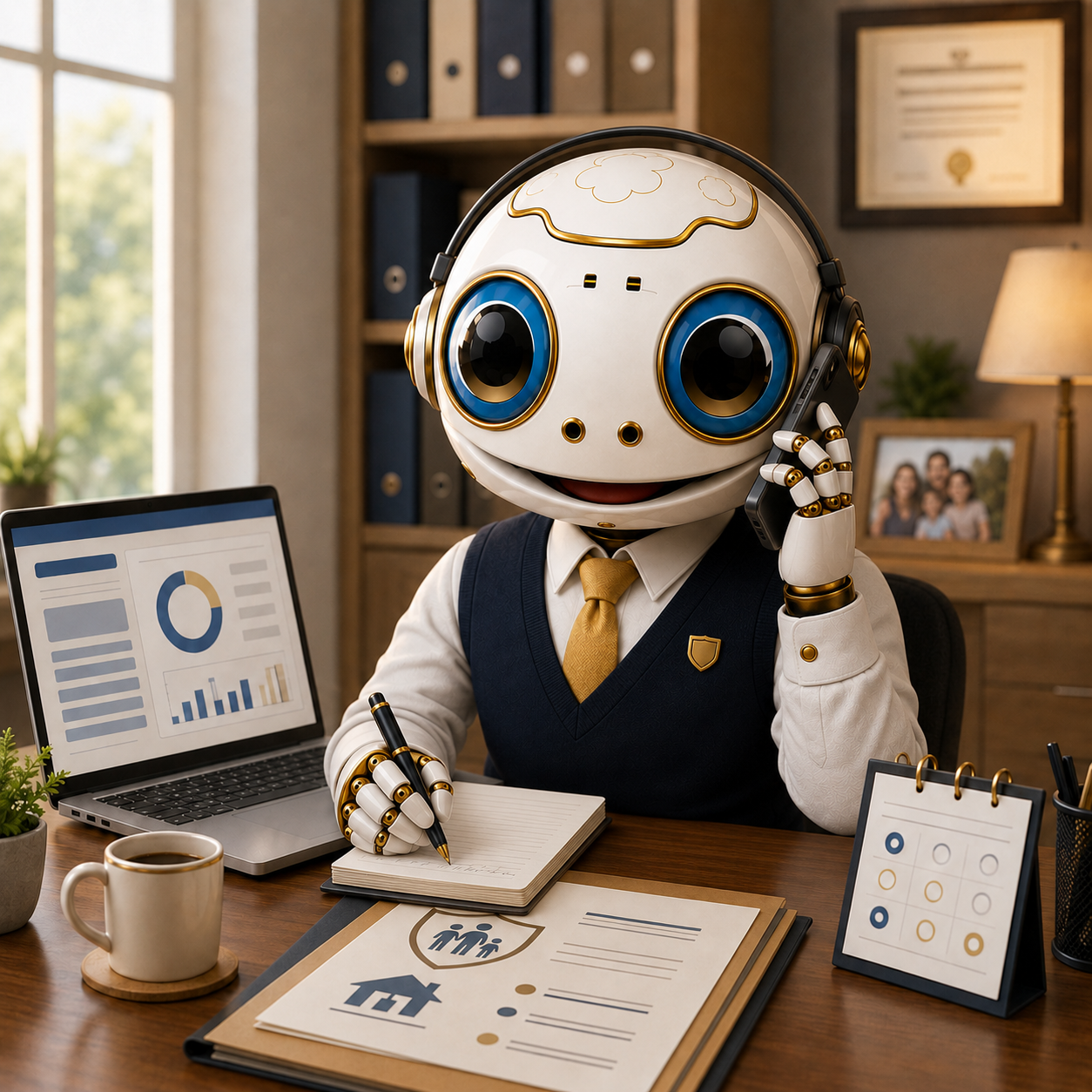 Robot Agente de Seguros atendiendo lead con headset y tomando notas en español natural
