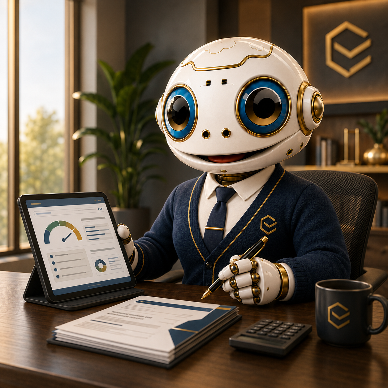 LPS Robot Crédito y Funding — sentado en oficina financiera revisando dashboard de credit reports en tablet