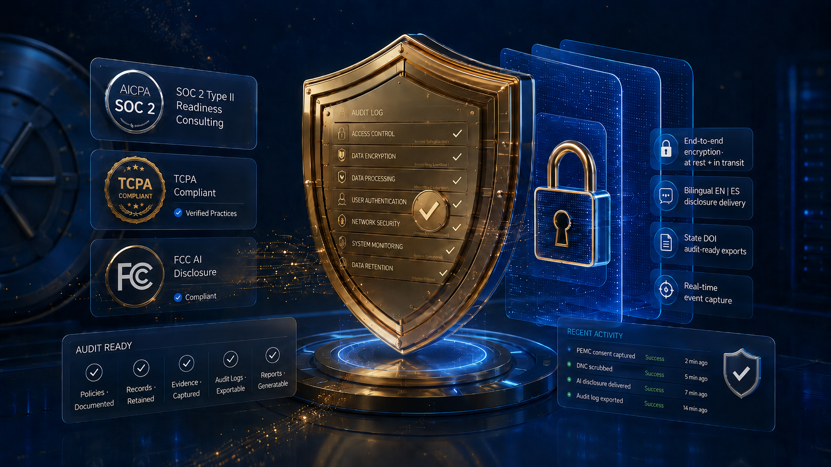 Security + Compliance · audit shield with SOC 2, TCPA, FCC AI badges